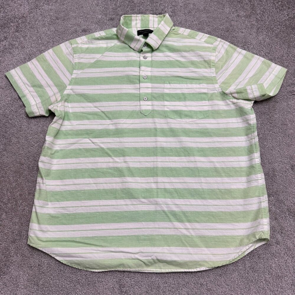 Banana Republic Popover Cotton Shirt Mens Large Green White Striped Short Sleeve